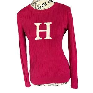 Tommy Hilfiger H‎ Logo Pink Size S Knit Ribbed Sweater Pullover Preppy Sporty